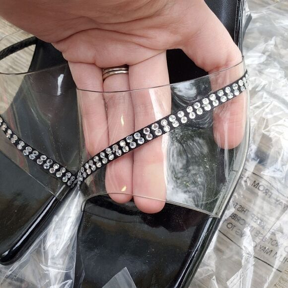 Vintage 90s Y2K Lucite Rhinestone Rachel Green Square Toe Chunky Heel Sandals - Picture 6 of 9